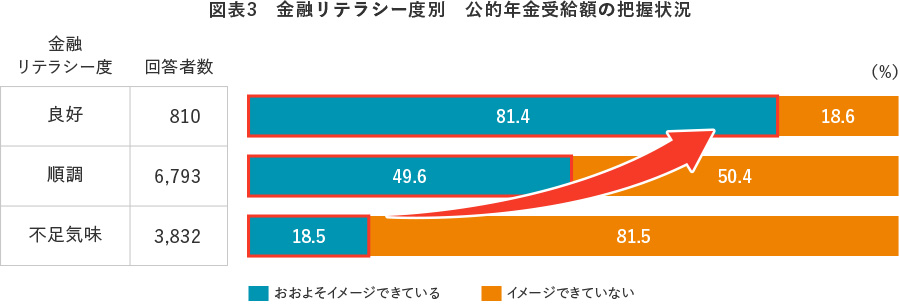 図表3　金融リテラシー度別　公的年金受給額の把握状況
